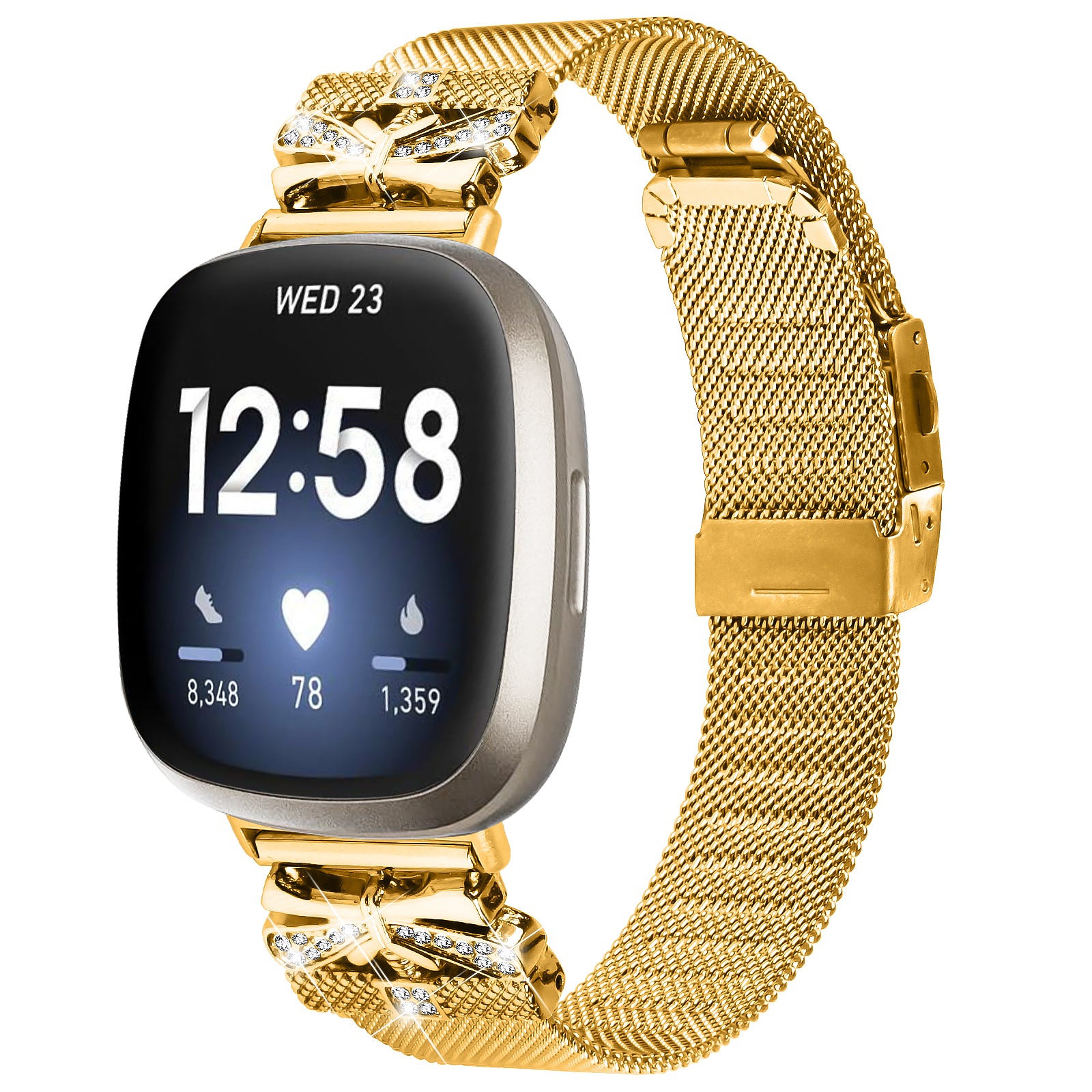 For Fitbit Versa 4 / Sense 2 Strap Rhinestone Decor Electroplating Stainless Steel Watch Band - Gold For Fitbit Versa 4 / Sense 2 Strap Rhinestone Decor Electroplating Stainless Steel Watch Band - Gold